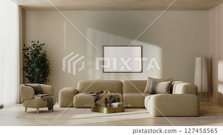 Horizontal frame mock-up in modern living room interior in beige tones, 3d render 127458565