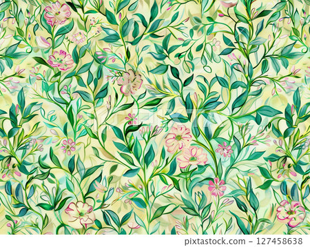 A delicate floral pattern featuring intertwined leaves and blossoms in soft, muted green, pink, and blue tones, creating a tranquil design. 127458638