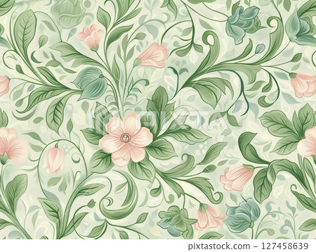 A delicate floral pattern featuring intertwined leaves and blossoms in soft, muted green, pink, and blue tones, creating a tranquil design. 127458639