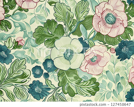 A delicate floral pattern featuring intertwined leaves and blossoms in soft, muted green, pink, and blue tones, creating a tranquil design. 127458647