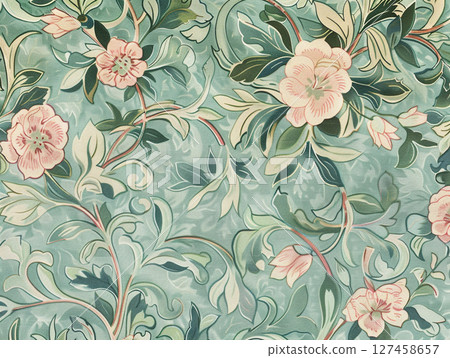 A delicate floral pattern featuring intertwined leaves and blossoms in soft, muted green, pink, and blue tones, creating a tranquil design. A delicate floral pattern featuring intertwined leaves and blossoms in soft, muted green, pink, and blue tones, creating a tranquil design. 127458657