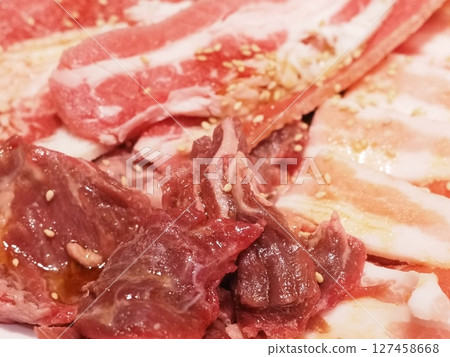 烤肉店的排骨和里肌肉 烤肉店的排骨和里肌肉 127458668