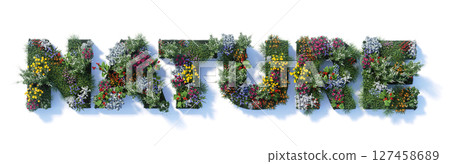 3D render of the word "NATURE" made of colorful flowers and green grass 127458689