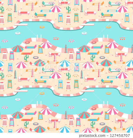 Poolside vacation scene seamless pattern. Large pool with diving board, swim rings, colorful parasols, lounge chairs, striped retro deck chairs. Modern fun summer repeat design. Relaxation, leisure 127458707
