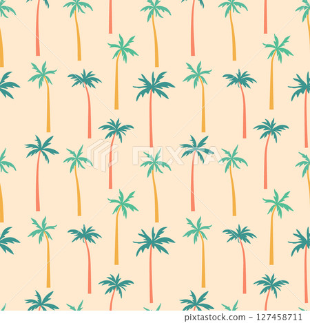 Palm trees vector seamless pattern. Tropical island trees with curved trunks on sand beige background. Exotic jungle plants silhouettes in simple minimalist flat cartoon style for fun summer design Palm trees vector seamless pattern. Tropical island trees with curved trunks on sand beige background. Exotic jungle plants silhouettes in simple minimalist flat cartoon style for fun summer design 127458711