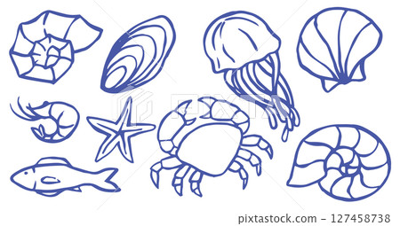 set with sea creatures on the theme of sea holidays. retro collection in doodle style 127458738