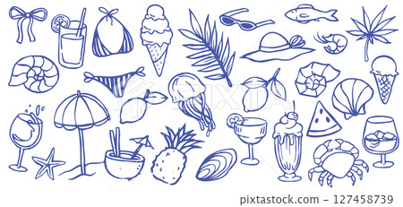 Retro collection on the theme of sea holidays. Doodle illustrations. Retro collection on the theme of sea holidays. Doodle illustrations. 127458739