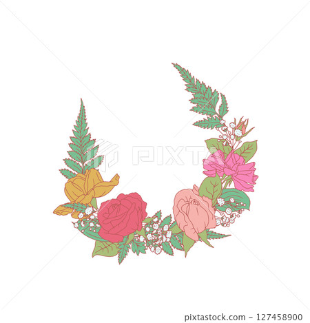 Hand drawn line art retro palette pink rose flowers round frame isolated on white background 127458900