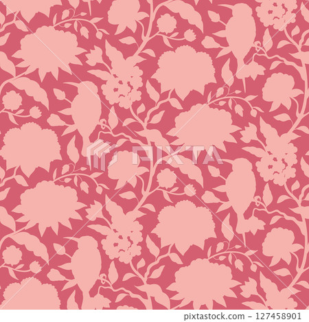 Seamless pattern with monochrome pastel pink chinoiserie hand drawn flowers and birds silhouettes 127458901