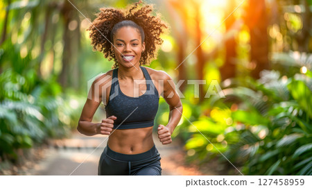 African American woman running in a lush green park with sunlight filtering through trees 127458959