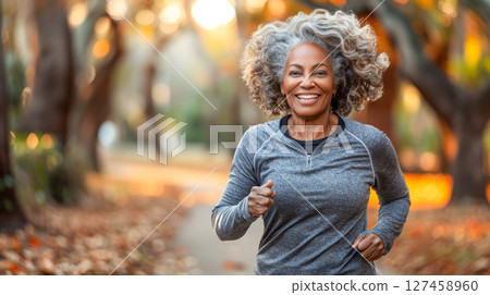 Active senior woman jogging in a park surrounded by autumn foliage and warm sunlight 127458960