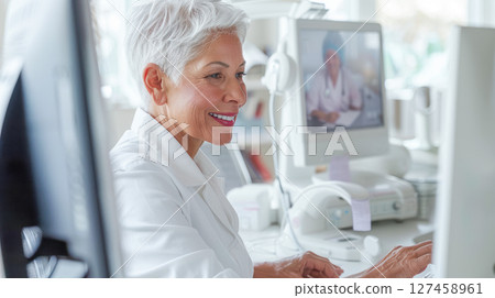 Senior woman in white coat working on computer with medical equipment in bright office Senior woman in white coat working on computer with medical equipment in bright office 127458961