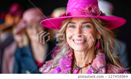 Smiling woman in vibrant pink hat with floral accents, showcasing joyful fashion expression 127458964
