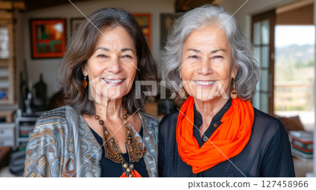 Two smiling women with gray hair wearing colorful scarves in a bright indoor setting 127458966