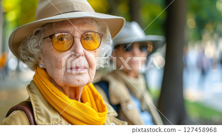 Senior woman with glasses and hat wearing yellow scarf in outdoor park setting 127458968