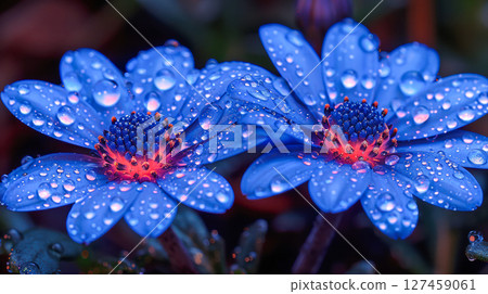 Vibrant blue flowers with water droplets showcasing nature's beauty and intricate details Vibrant blue flowers with water droplets showcasing nature's beauty and intricate details 127459061