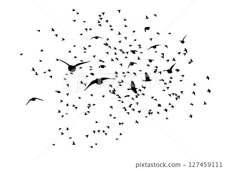 Flying birds silhouette flock. hand drawing. Not AI. Vector illustration 127459111