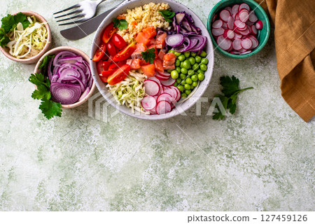 Balanced healthy bowl with vegetables and salmon Balanced healthy bowl with vegetables and salmon 127459126