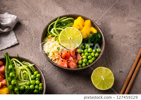 Healthy bowl with salmon and vegetables Healthy bowl with salmon and vegetables 127459129