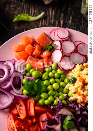 Balanced healthy bowl with vegetables and salmon Balanced healthy bowl with vegetables and salmon 127459132