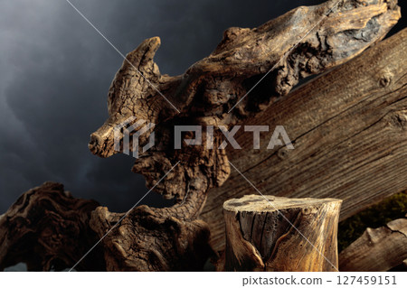 Composition with natural wooden snags and dry stump for advertising eco products. Composition with natural wooden snags and dry stump for advertising eco products. 127459151