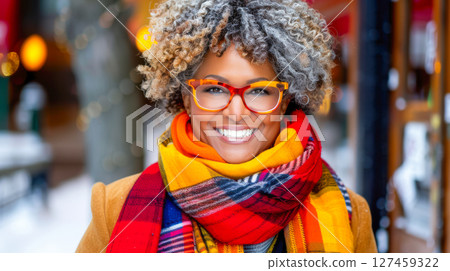 Smiling woman with curly hair wearing colorful scarf and glasses in winter urban setting 127459322