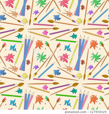 Seamless pattern with colored pencils, paintbrushes, ink and paint splashes on beige background. For back to school or educational theme, supplies or stationery design, textile print, wrapping paper. 127459329