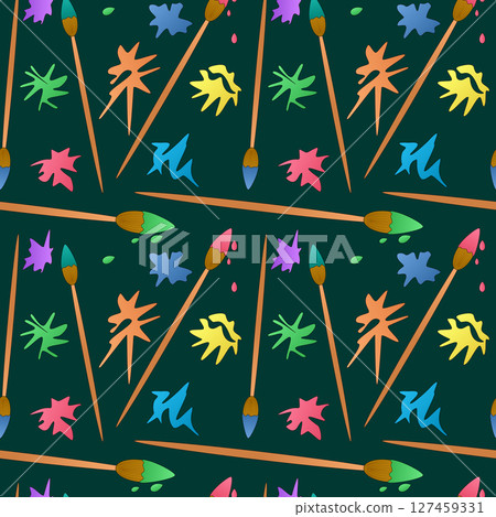 Seamless pattern with paintbrushes and colorful paint splashes different shapes on dark green background. For back to school theme, supplies or stationery design, textile print, and wrapping paper. 127459331