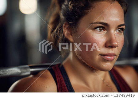 Plus-size woman lifting weights in a gym, sweat visible, realistic lighting, motivational vibe 127459419