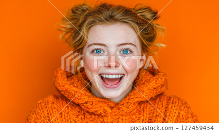 Young woman with bright orange sweater smiling joyfully against vibrant orange backdrop 127459434