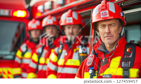 Firefighter team in bright uniforms standing confidently near fire truck with emergency lights Firefighter team in bright uniforms standing confidently near fire truck with emergency lights 127459457