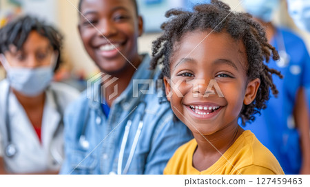 Smiling African American boy with joyful expression in a healthcare setting with caregivers nearby 127459463