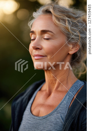 Senior woman doing yoga in a garden Senior woman doing yoga in a garden 127459485
