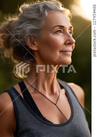 Senior woman doing yoga in a garden Senior woman doing yoga in a garden 127459488