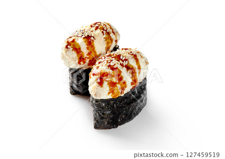 Gunkan maki sushi topped with cream cheese, sesame seeds and unagi sauce on white background 127459519