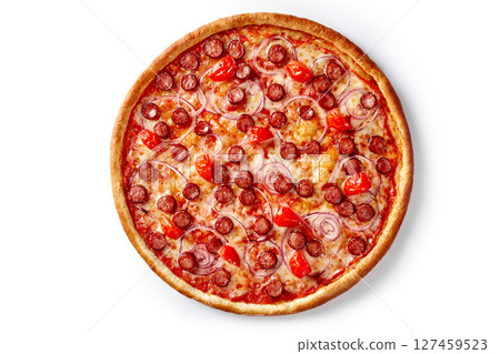 Delicious pizza with sausage, tomato, onion, and melted cheese on white background Delicious pizza with sausage, tomato, onion, and melted cheese on white background 127459523