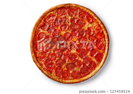 Top view of a whole pepperoni pizza showing its cheesy and spicy goodness Top view of a whole pepperoni pizza showing its cheesy and spicy goodness 127459524