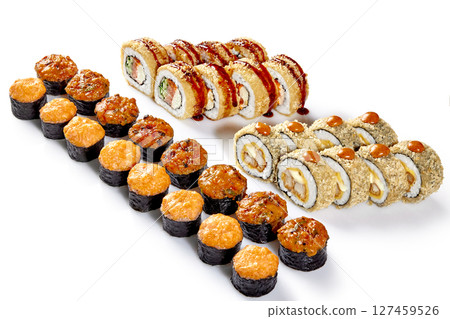 Delicious tempura and baked sushi rolls with spicy sauce on white background 127459526