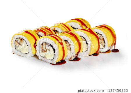 Close-up of uramaki sushi rolls with cheese, fish and teriyaki sauce on white background Close-up of uramaki sushi rolls with cheese, fish and teriyaki sauce on white background 127459533