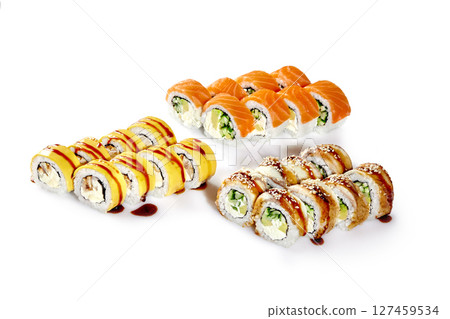 Delicious sushi rolls with salmon, eel and cheese filling representing variety of japanese cuisine on white background Delicious sushi rolls with salmon, eel and cheese filling representing variety of japanese cuisine on white background 127459534