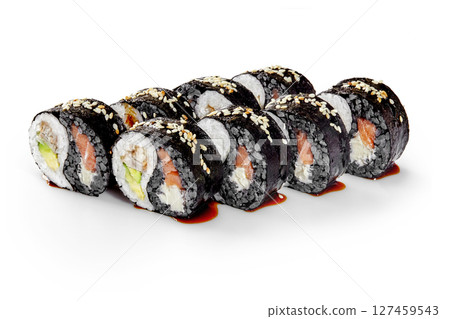 Black sushi rolls with salmon, avocado, cream cheese and sesame seeds on white background Black sushi rolls with salmon, avocado, cream cheese and sesame seeds on white background 127459543