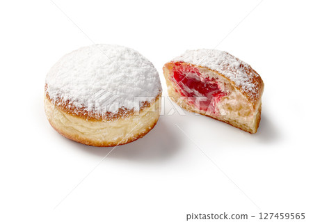 Delicious jelly doughnuts with powdered sugar on white background Delicious jelly doughnuts with powdered sugar on white background 127459565