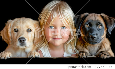 Child with blonde hair posing with two adorable puppies against a dark background 127460077