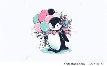 Cute Penguin with Pastel Balloons and Flowers Cute Penguin with Pastel Balloons and Flowers 127460158