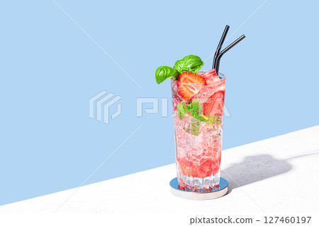 Glass of Strawberry and basil Mojito cocktail drink Glass of Strawberry and basil Mojito cocktail drink 127460197