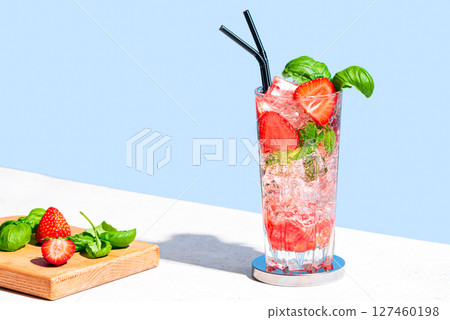 Strawberry and basil Mojito cocktail drink 127460198