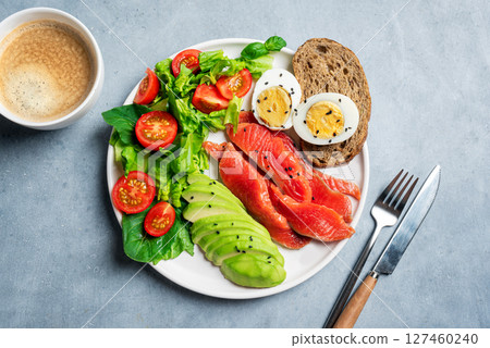 Healthy balanced breakfast plate 127460240