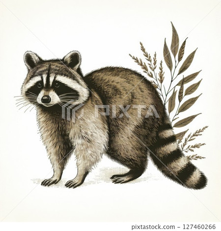 Detailed Raccoon Illustration with Sepia Tones and Botanical Accents Detailed Raccoon Illustration with Sepia Tones and Botanical Accents 127460266
