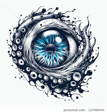 Surreal Blue Eye Ink Drawing with Organic Patterns 127460444