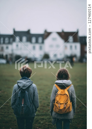 Children on a Grassy Field Facing Historic Buildings During a Cloudy Afternoon 127460514
